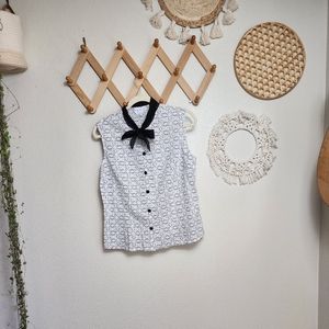 Agnes B Bow Button Up Blouse Top Womens Size 42 White Black Sleeveless P…